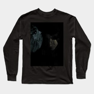 Portrait, collage, special processing. Man, dark costume, long hair, looking down. On left demon of gold. Very desaturated. Long Sleeve T-Shirt